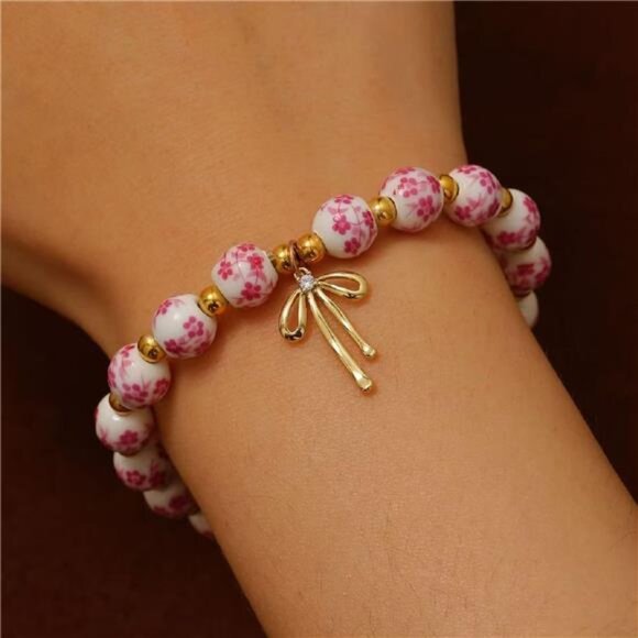 🌸 Set of 2 Floral Ceramic Bead Bracelets | Pink & Blue | Gold Bow Charm Accents - Picture 6 of 6